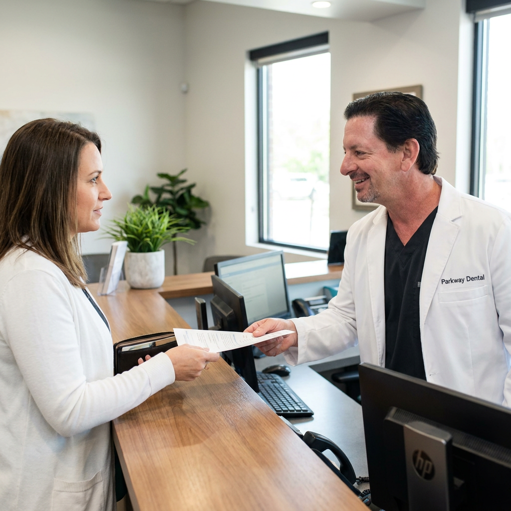 A Parkway Dental team member hands Cigna paperwork to a smiling patient at the Albuquerque reception desk.
