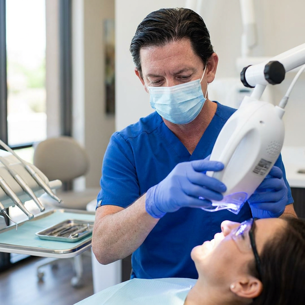 A Parkway Dental professional in Albuquerque uses a high-tech whitening lamp during a patient treatment.
