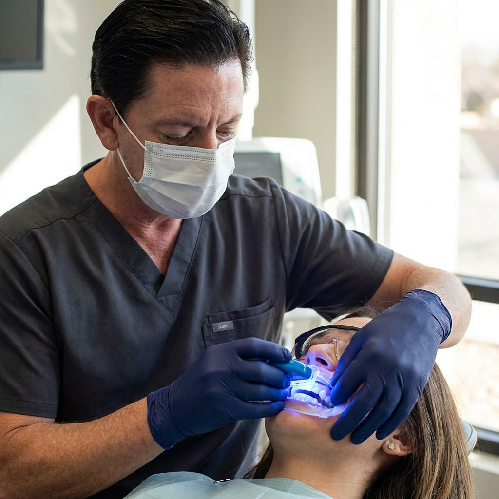 A Parkway Dental professional in Albuquerque uses advanced whitening technology to treat a patient in a modern operatory.