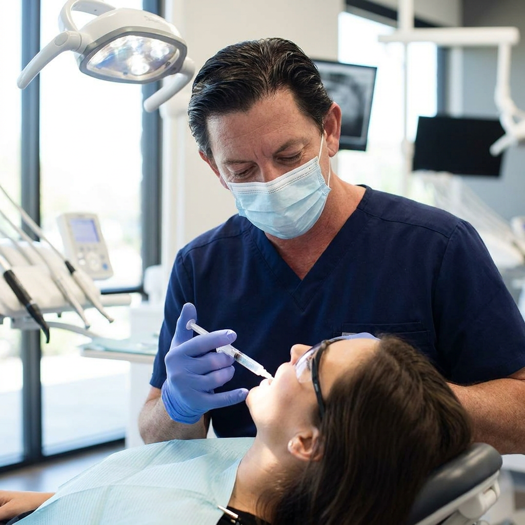 A dentist at Parkway Dental in Albuquerque uses a high-tech curing light during a patient treatment.