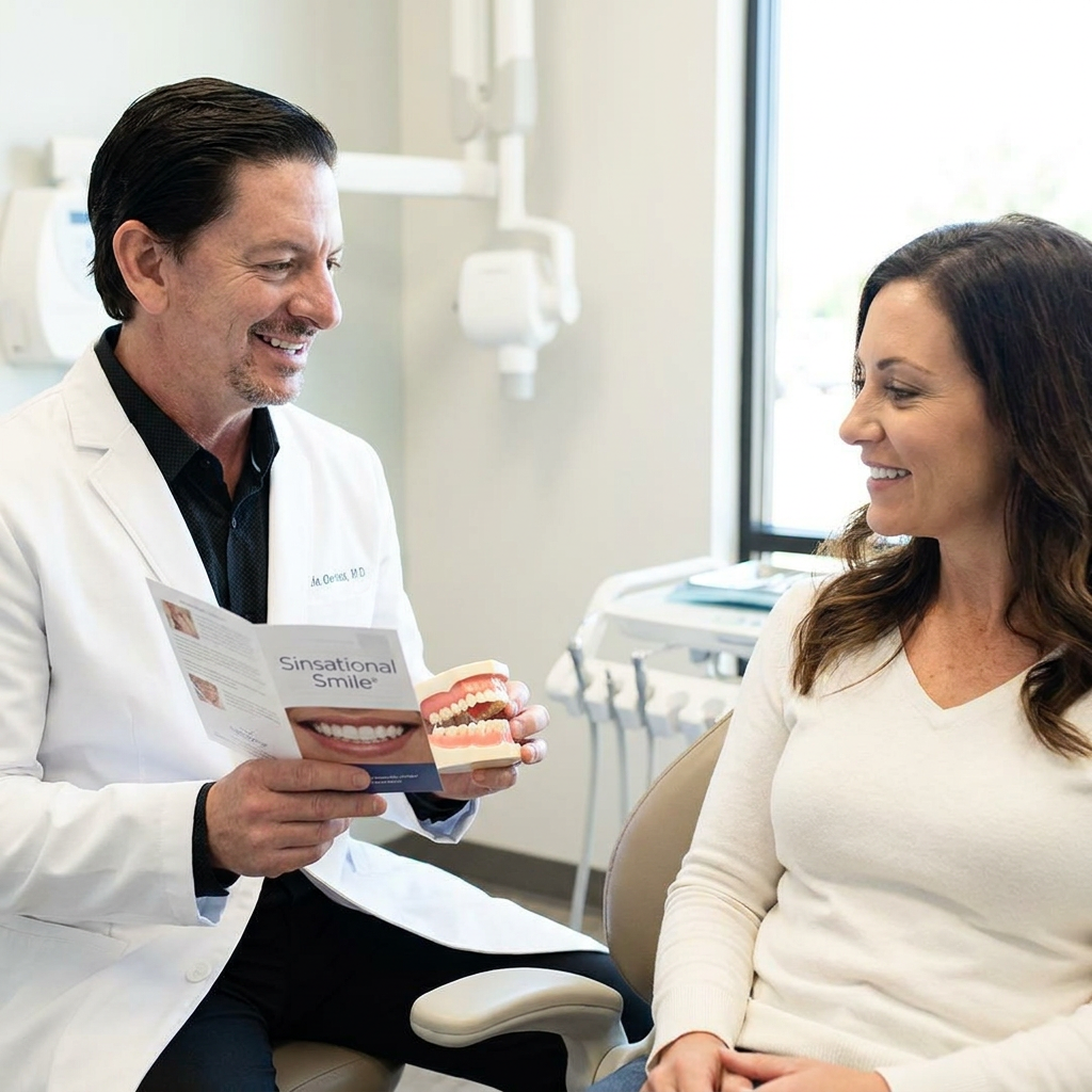 A dentist at Parkway Dental in Albuquerque consults with a smiling patient about whitening treatments. Logan