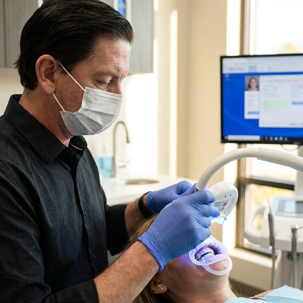 A Parkway Dental provider uses a high-tech whitening light on a patient in their Albuquerque treatment room.