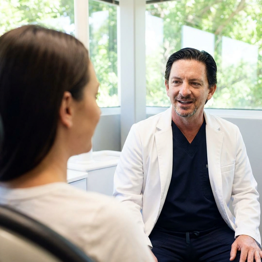 A Parkway Dental dentist in Albuquerque, NM, discusses clear aligners with a patient during a consultation.