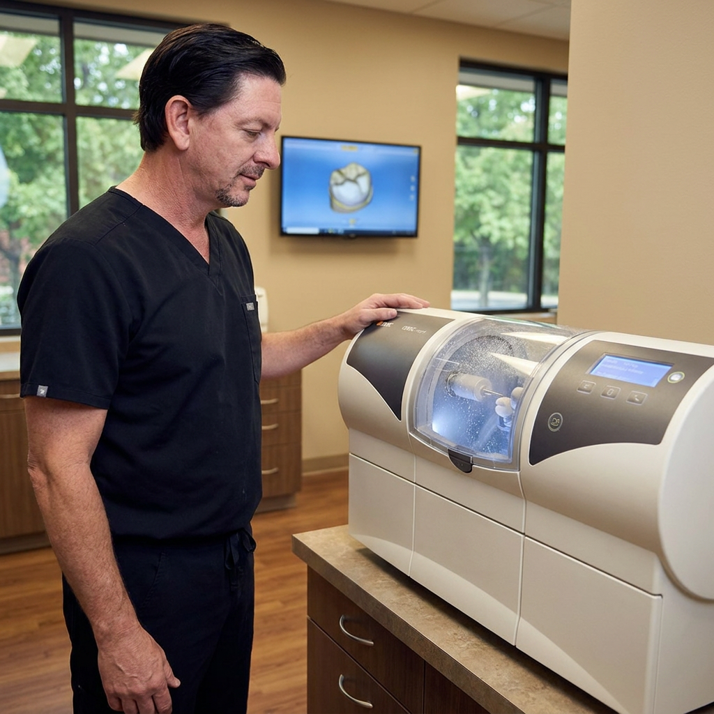 A Parkway Dental dentist monitors a CEREC milling unit creating a same-day ceramic crown in Albuquerque, NM.