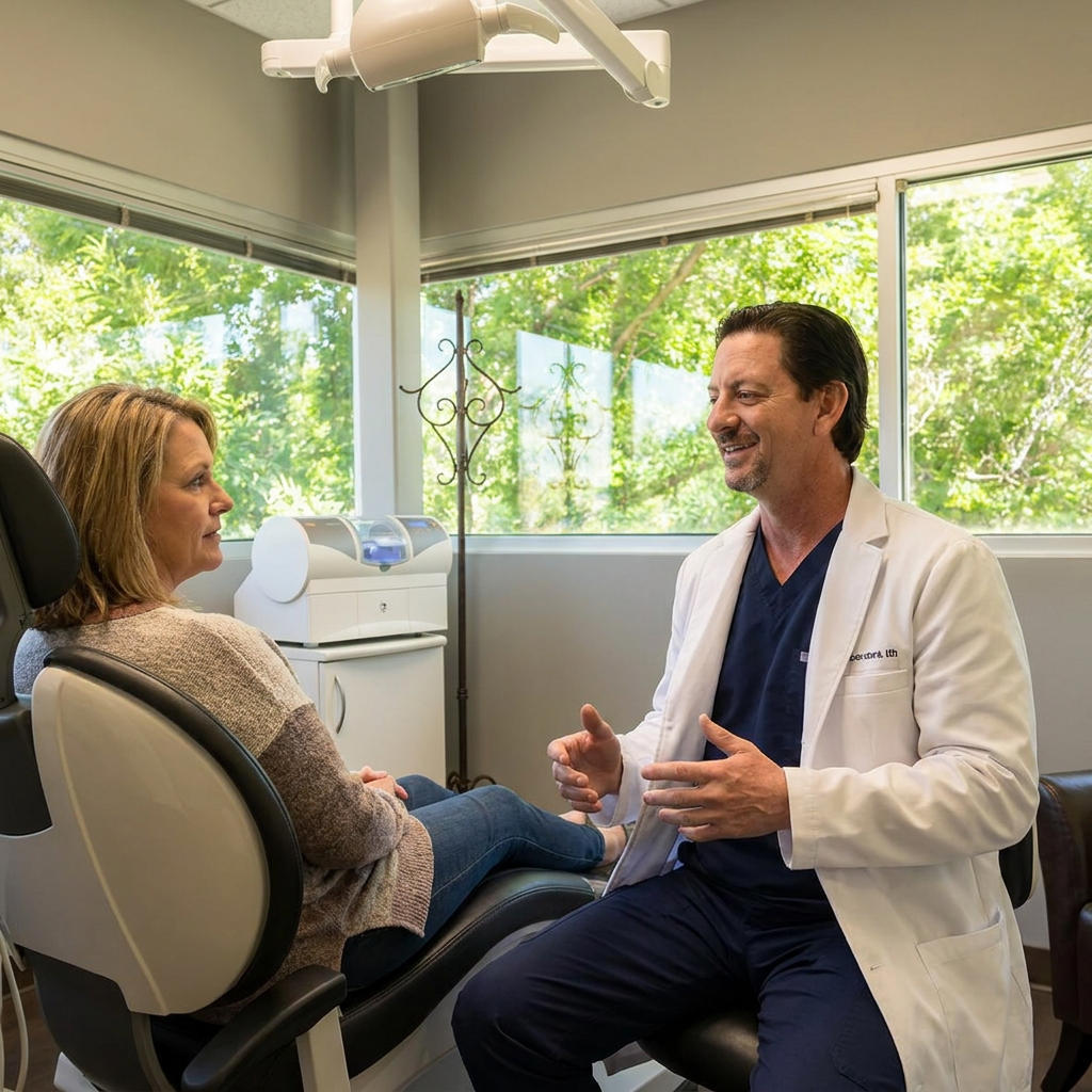 A Parkway Dental dentist discusses CEREC same-day crowns during an Albuquerque consultation.