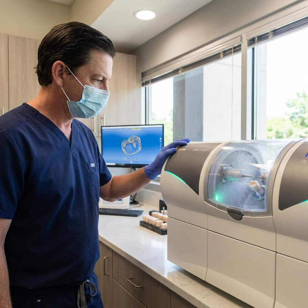 A Parkway Dental dentist in Albuquerque watches a CEREC machine mill a precise ceramic crown from a digital design.