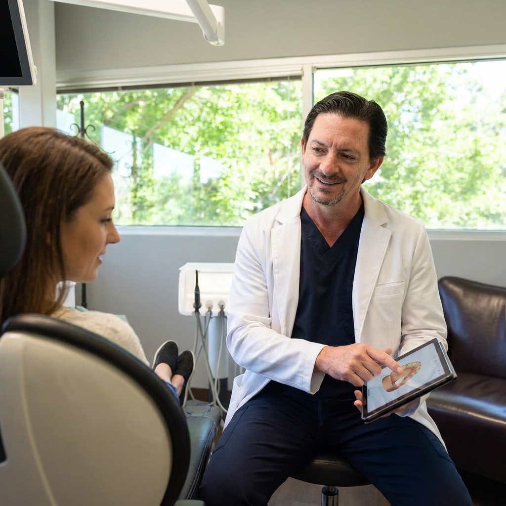 A dentist discusses dental crowns with a patient during a consultation at Parkway Dental in Albuquerque, NM.