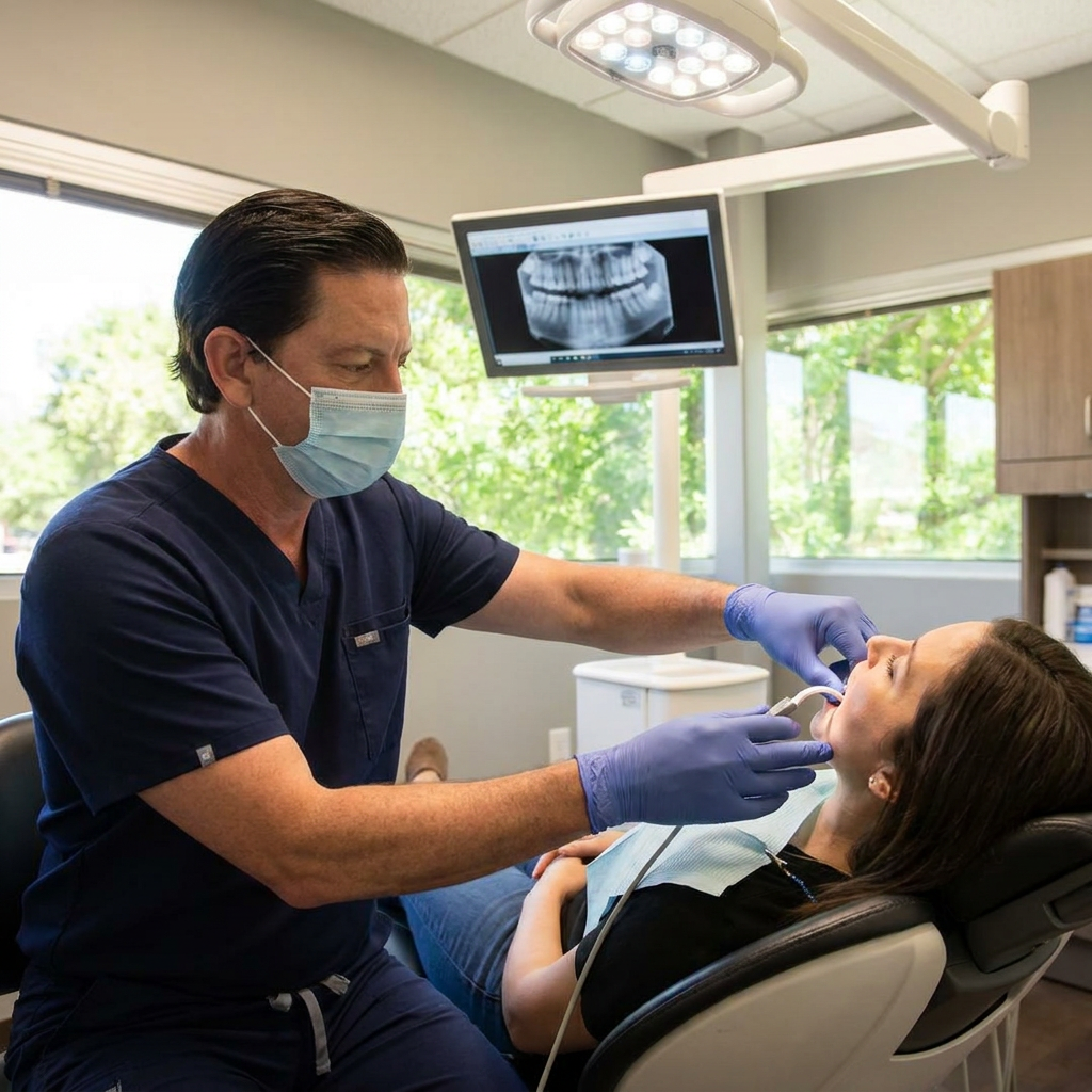 A Parkway Dental dentist in Albuquerque places a digital X-ray sensor for bridge planning in a modern operatory.