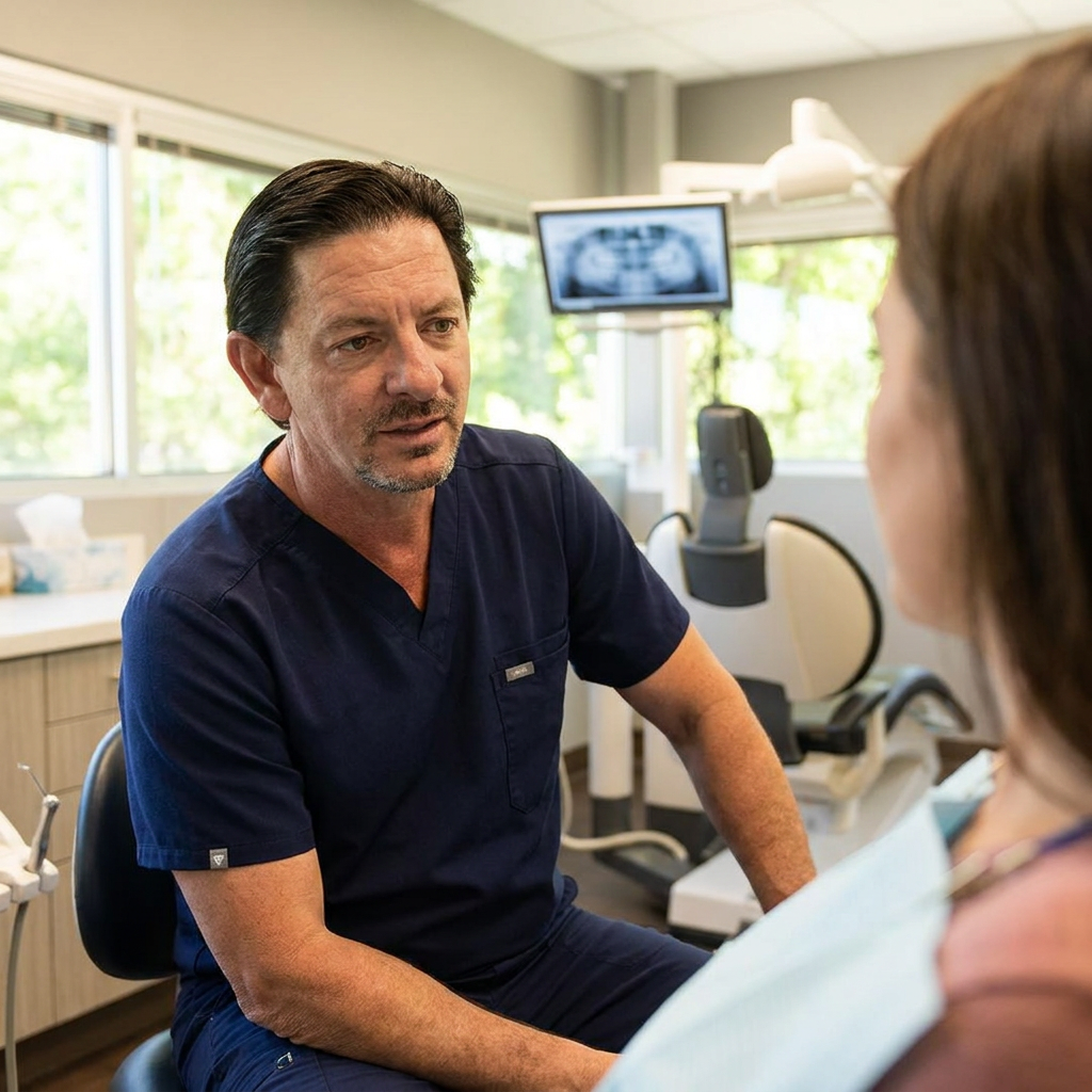 A Parkway Dental dentist in a white coat discusses root canal treatment with a patient in Albuquerque, NM.