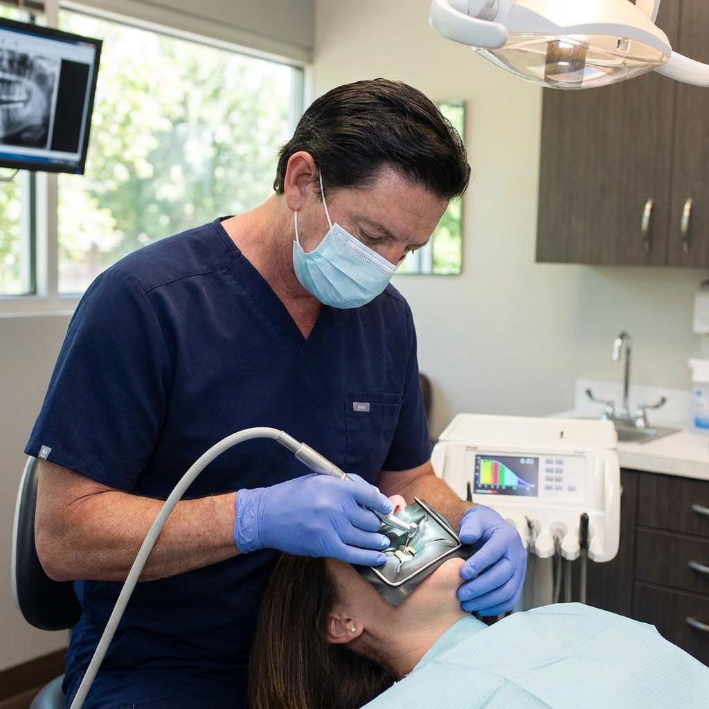 A Parkway Dental dentist uses a rotary endodontic motor and apex locator during a root canal in Albuquerque, NM.