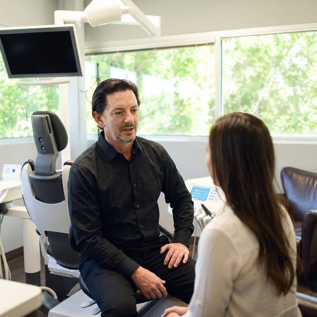 A dentist at Parkway Dental in Albuquerque discusses laser gum contouring with a patient during a chairside consultation.