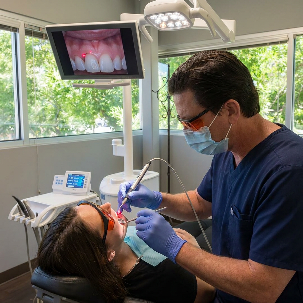 A Parkway Dental dentist uses a soft-tissue laser to contour a patient's gumline in Albuquerque, NM.