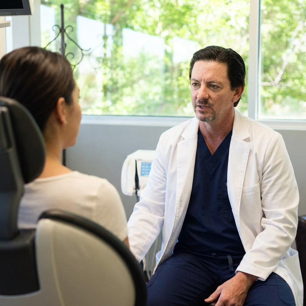 A Parkway Dental dentist discusses sedation dentistry options with a patient in a modern Albuquerque clinic.