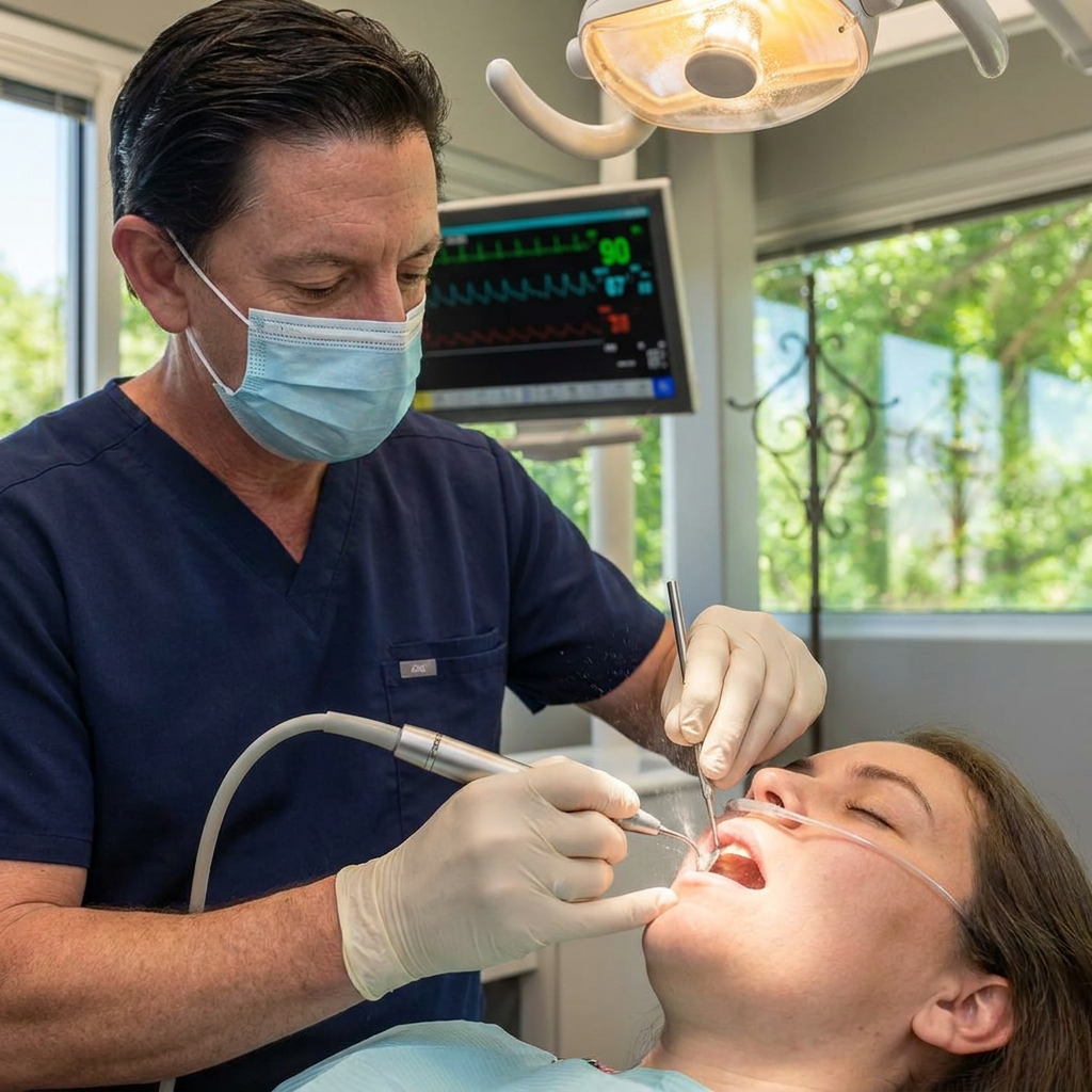 A Parkway Dental dentist uses an ultrasonic scaler on a sedated patient in a modern Albuquerque treatment room.