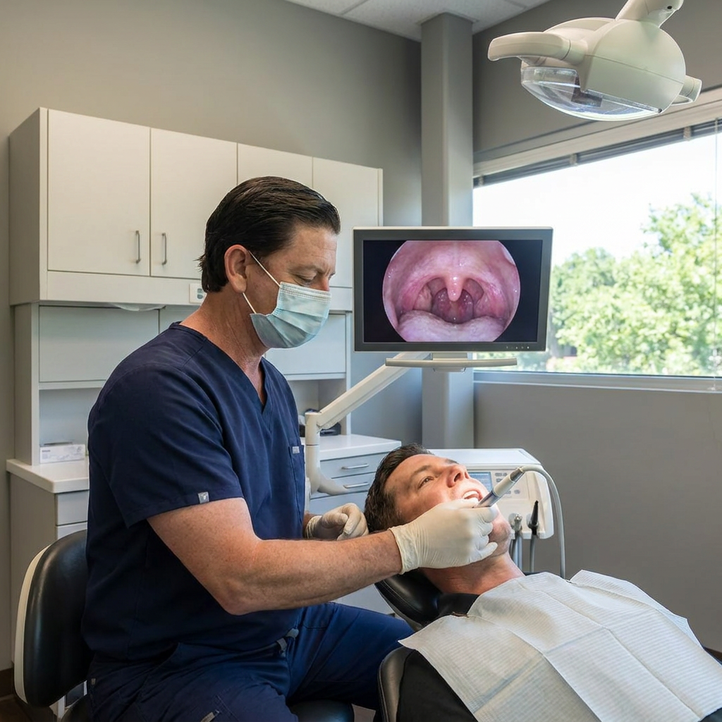 A dentist at Parkway Dental in Albuquerque uses an intraoral camera to evaluate a patient's airway for sleep apnea.