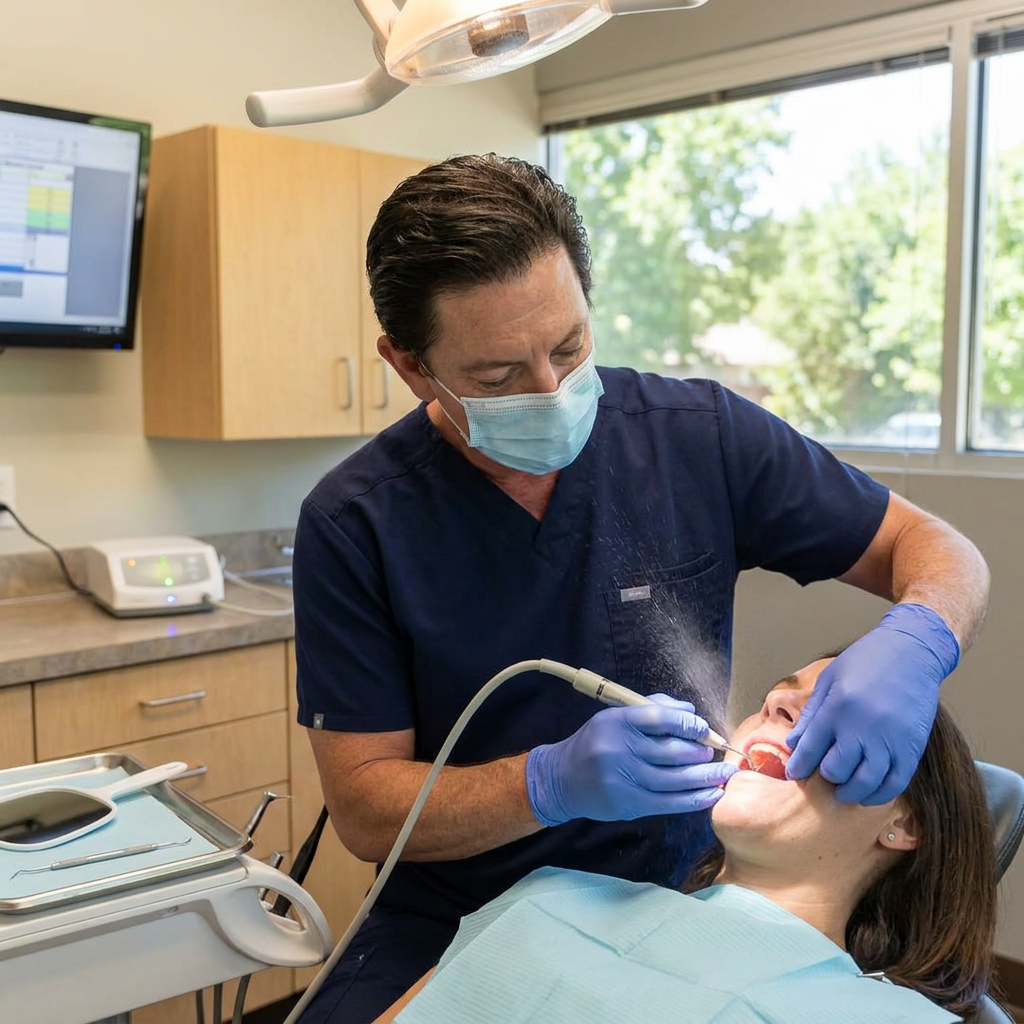 A Parkway Dental dentist uses an ultrasonic scaler to clean a patient's lower teeth in an Albuquerque operatory.