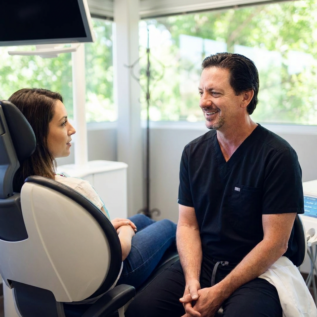 A Parkway Dental dentist in Albuquerque, NM, discusses dental cleanings with a patient in a modern treatment room.