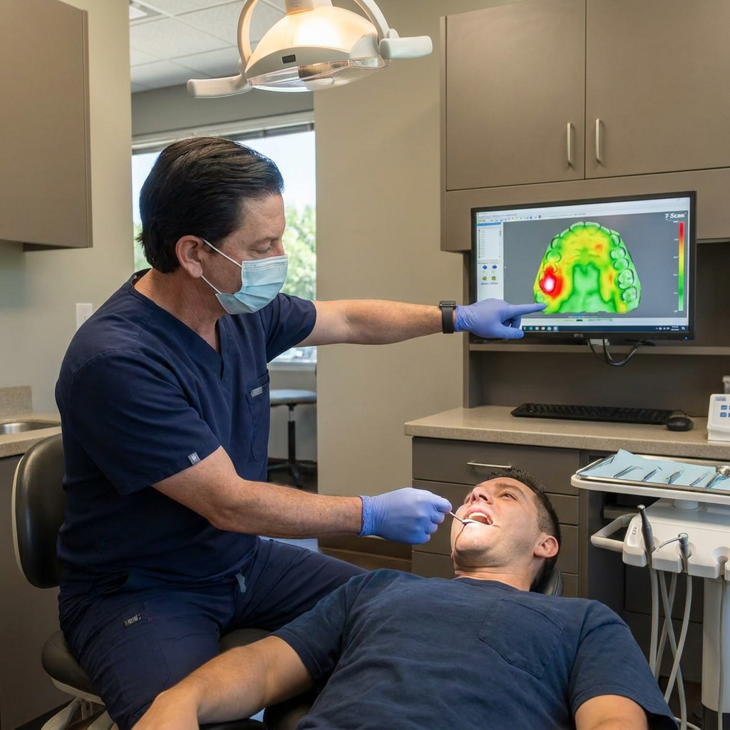 A Parkway Dental dentist uses a T-Scan sensor to analyze a patient’s bite on a 3D force map in Albuquerque, NM.