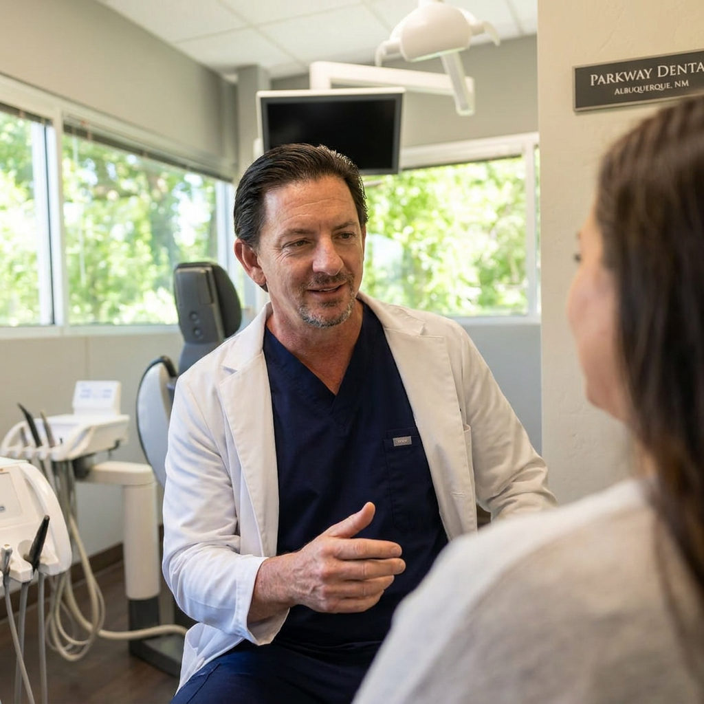 A dentist discusses TMD treatment options with a patient during a consultation at Parkway Dental in Albuquerque.