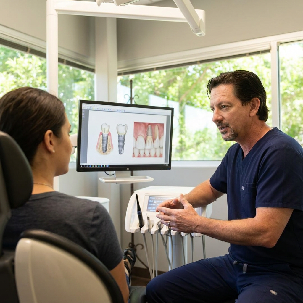 A dentist discusses dental implants with a patient during a consultation at Parkway Dental in Albuquerque.