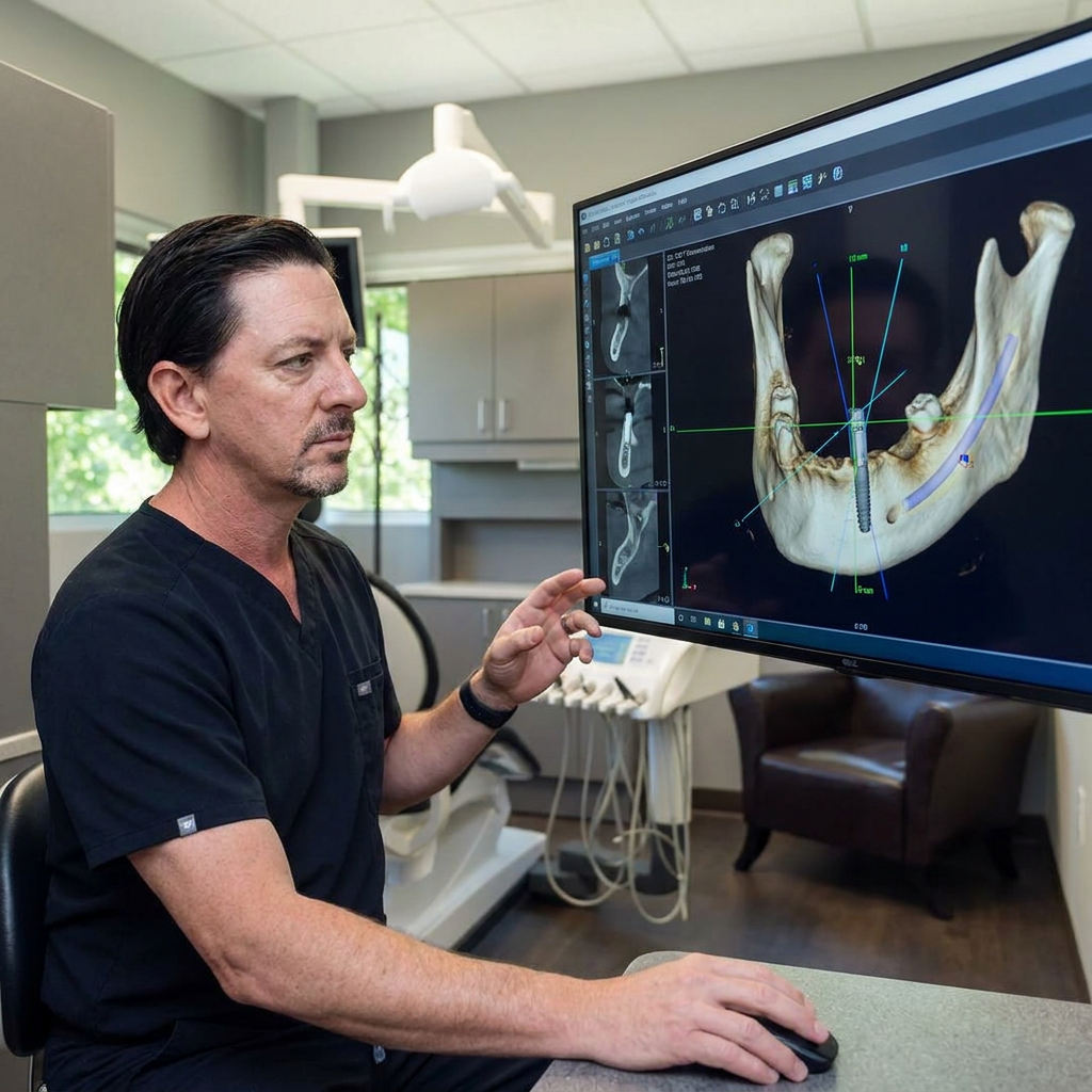 A Parkway Dental dentist in Albuquerque views 3D All-on-X implant planning software on a high-tech monitor.