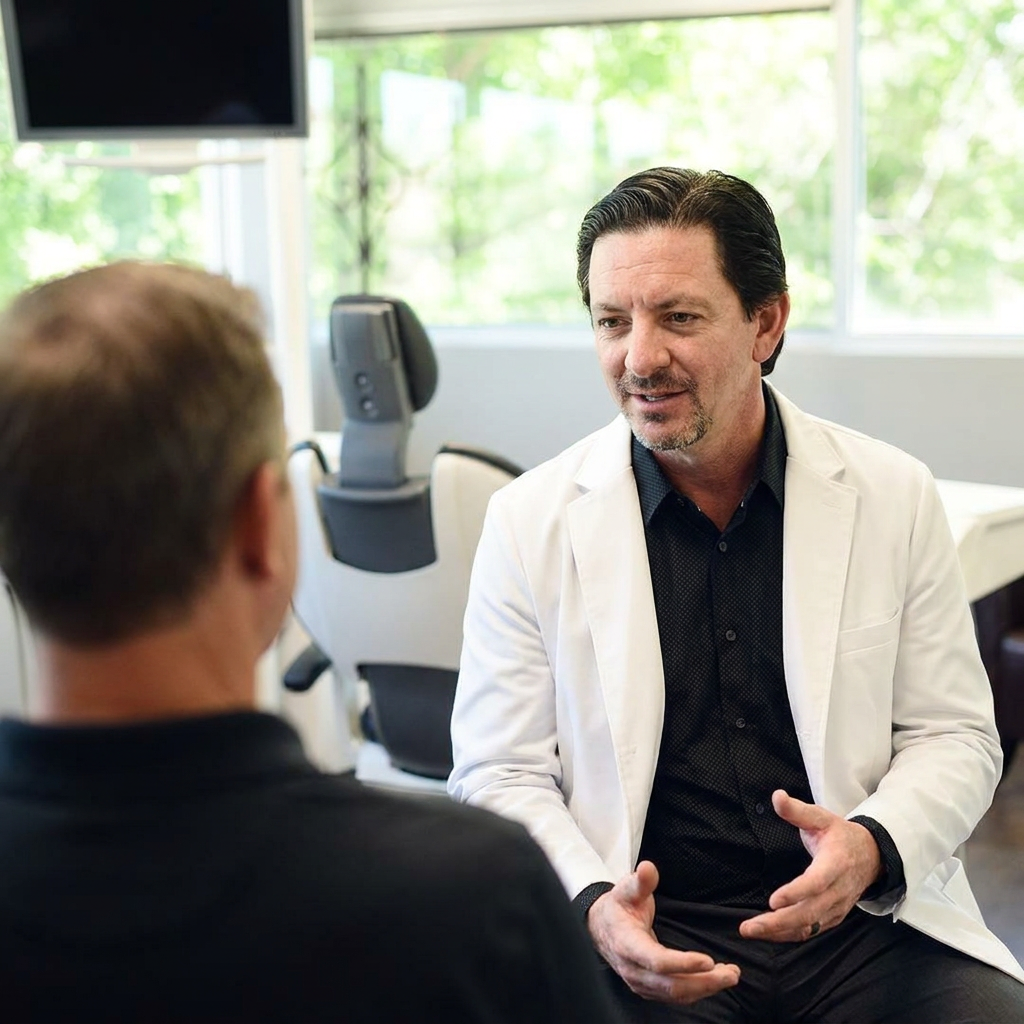 A Parkway Dental dentist discusses All-on-X implants with a patient during a consultation in Albuquerque, NM.