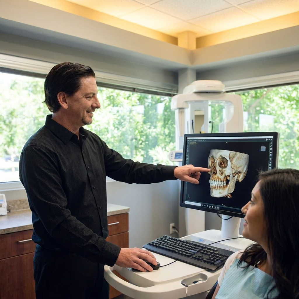 A Parkway Dental dentist reviews a 3D CBCT jaw reconstruction on a screen for denture planning in Albuquerque.