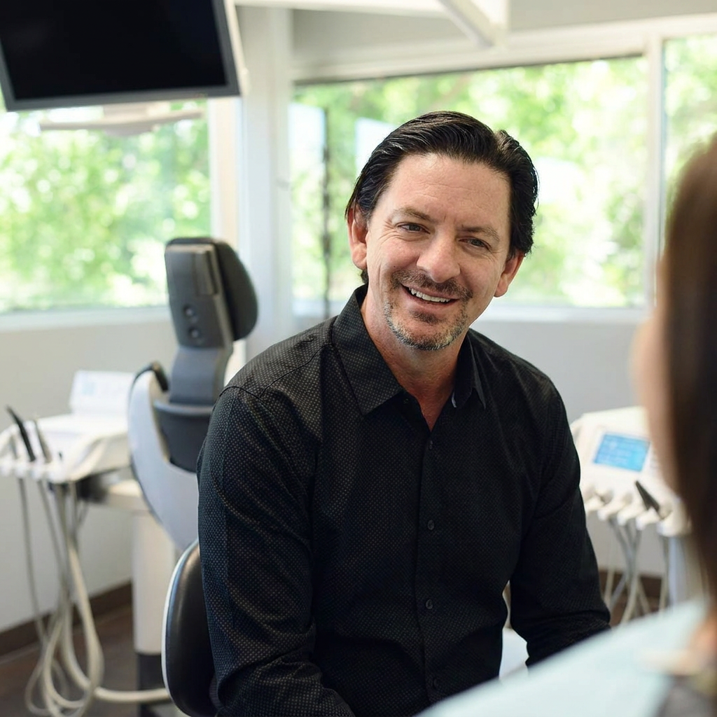 A Parkway Dental dentist in Albuquerque speaks with a patient about dentures during a chairside consultation.