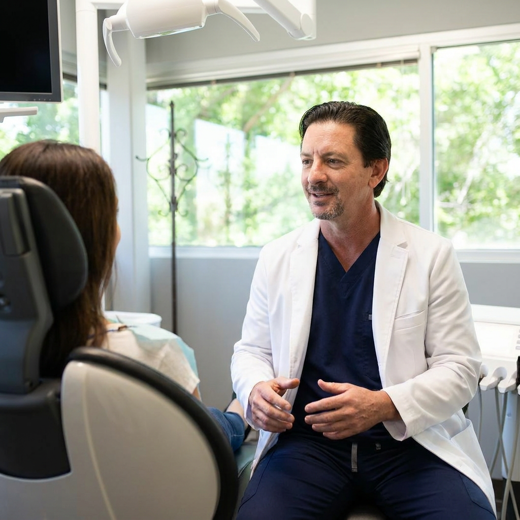A Parkway Dental dentist discusses a full mouth reconstruction with a patient in an Albuquerque dental office.