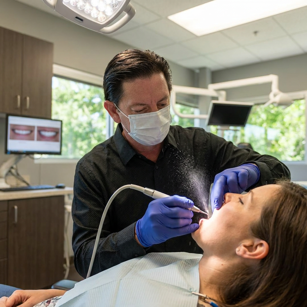A Parkway Dental dentist in Albuquerque uses an ultrasonic scaler on a patient during a smile makeover.