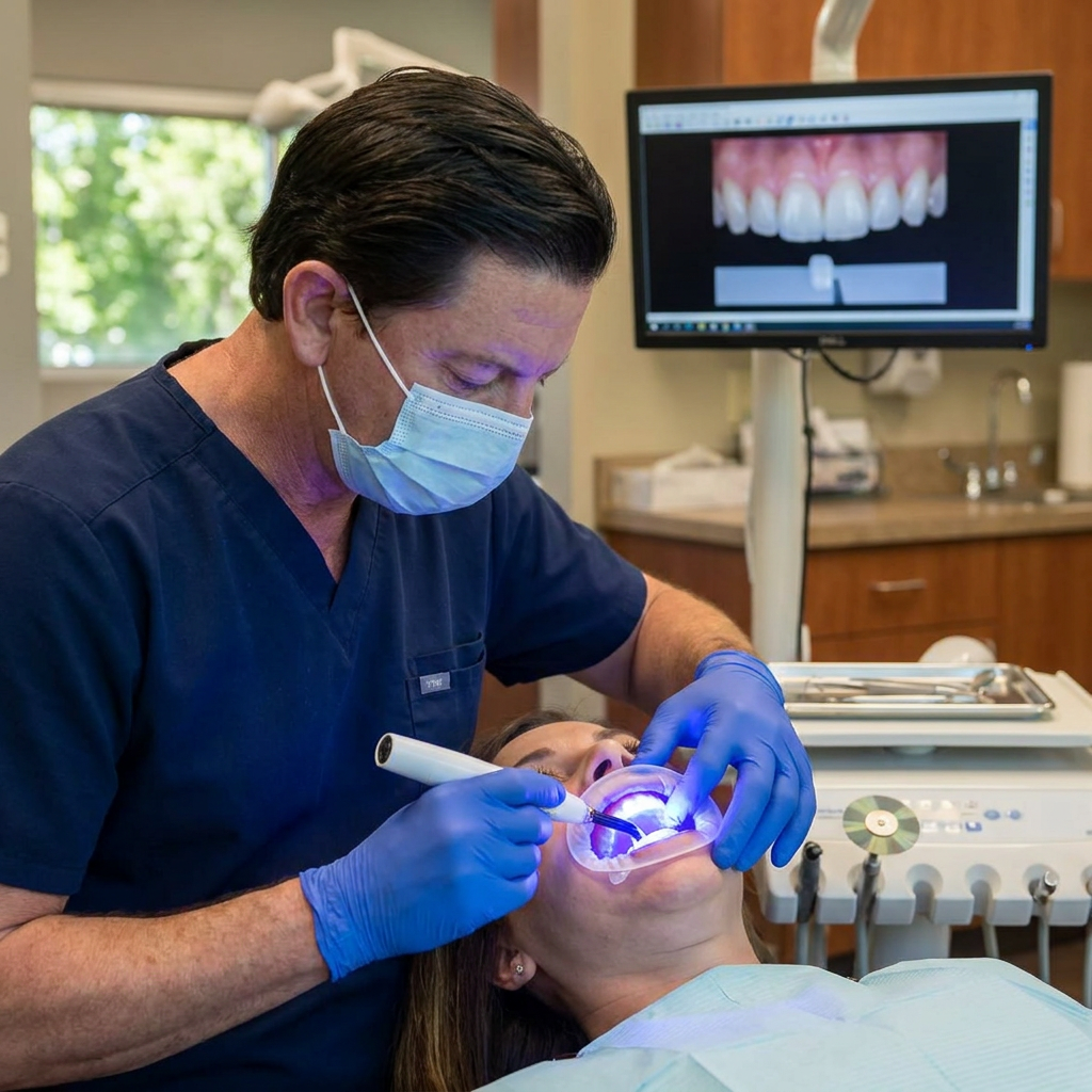 A Parkway Dental dentist in Albuquerque uses a blue LED light to bond a composite veneer to a patient's front tooth.