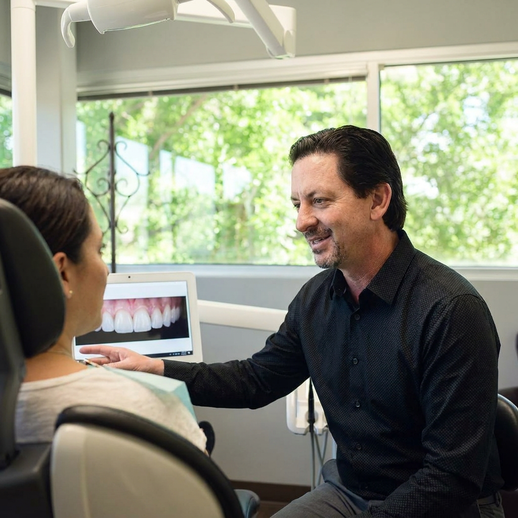 A dentist discusses veneer options with a patient during a consultation at Parkway Dental in Albuquerque.
