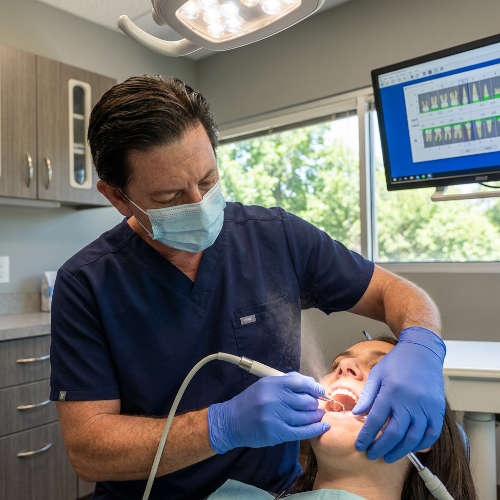 A Parkway Dental dentist in Albuquerque uses an ultrasonic scaler for periodontal treatment in a modern operatory.