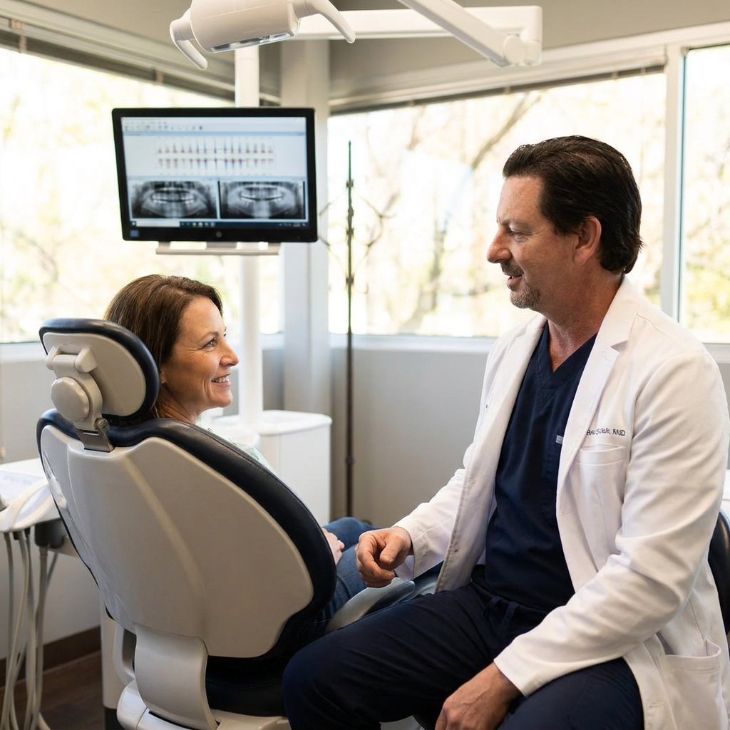 A Parkway Dental dentist discusses gum health with a patient during a consultation in Albuquerque, New Mexico.