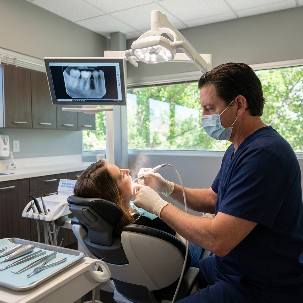 A Parkway Dental dentist in Albuquerque uses a piezoelectric handpiece for a precise tooth extraction procedure.