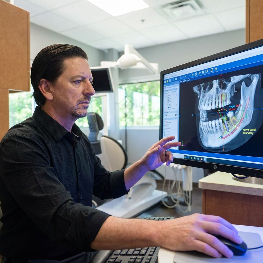 A Parkway Dental dentist in Albuquerque reviews 3D guided implant planning software on a high-tech operatory monitor.