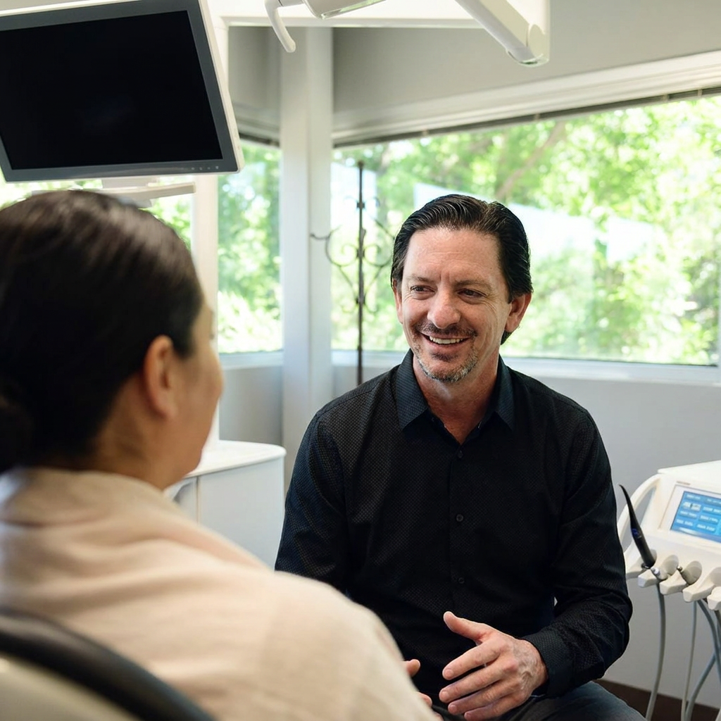 A Parkway Dental dentist in Albuquerque, NM, discusses dental implant restoration with a patient in a modern office.