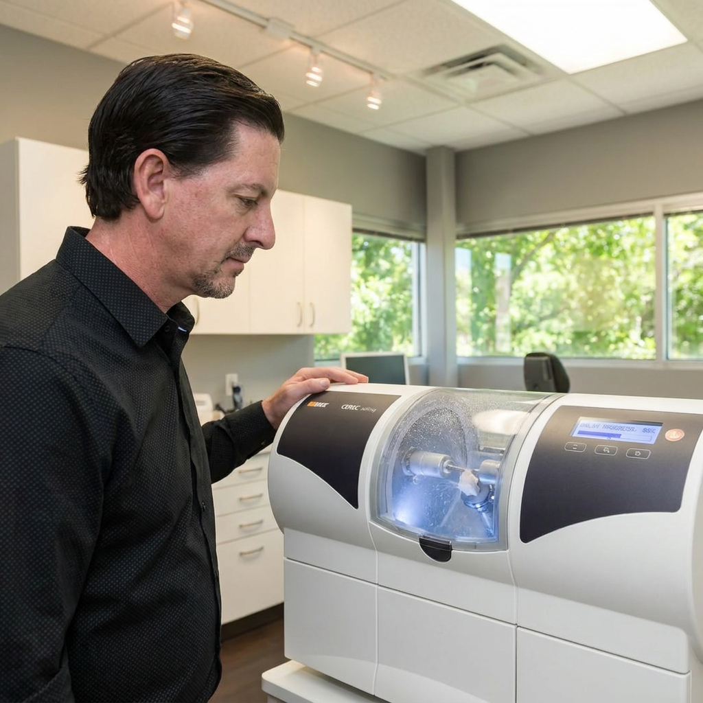 A Parkway Dental Albuquerque dentist watches a CEREC machine mill a custom ceramic onlay restoration in a modern lab nook.