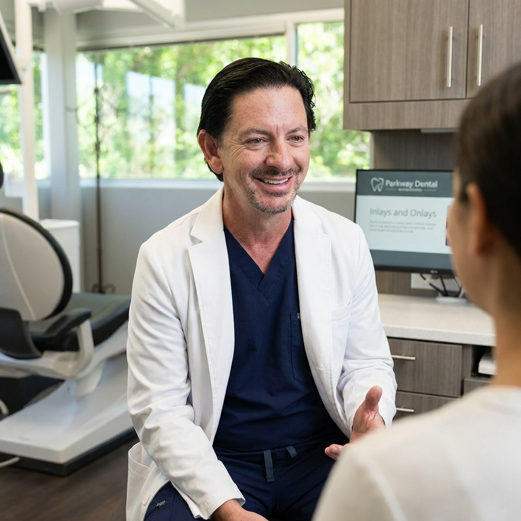 A dentist at Parkway Dental in Albuquerque discusses inlay options with a patient during a chairside consultation.