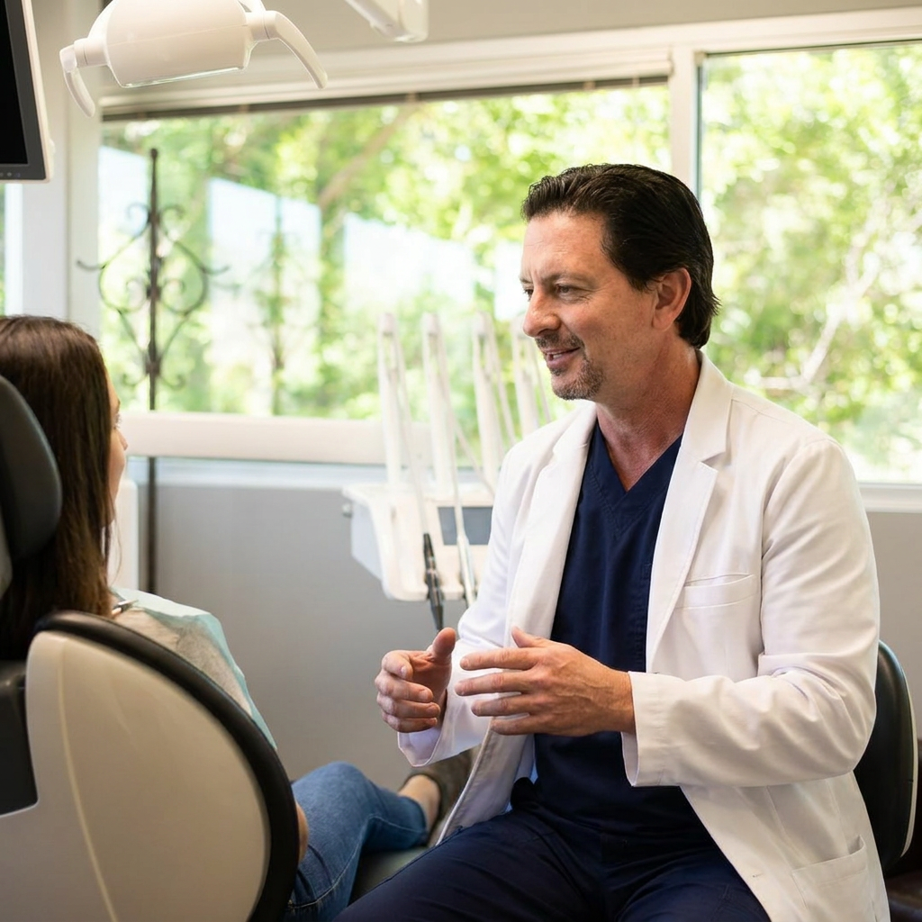 A Parkway Dental dentist discusses fluoride treatments with a patient in a modern Albuquerque clinic.