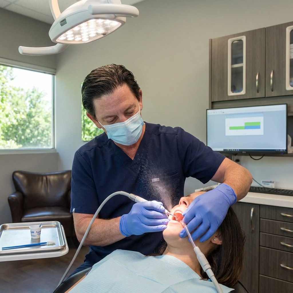 A Parkway Dental dentist uses an ultrasonic scaler on a patient before a fluoride treatment in Albuquerque.