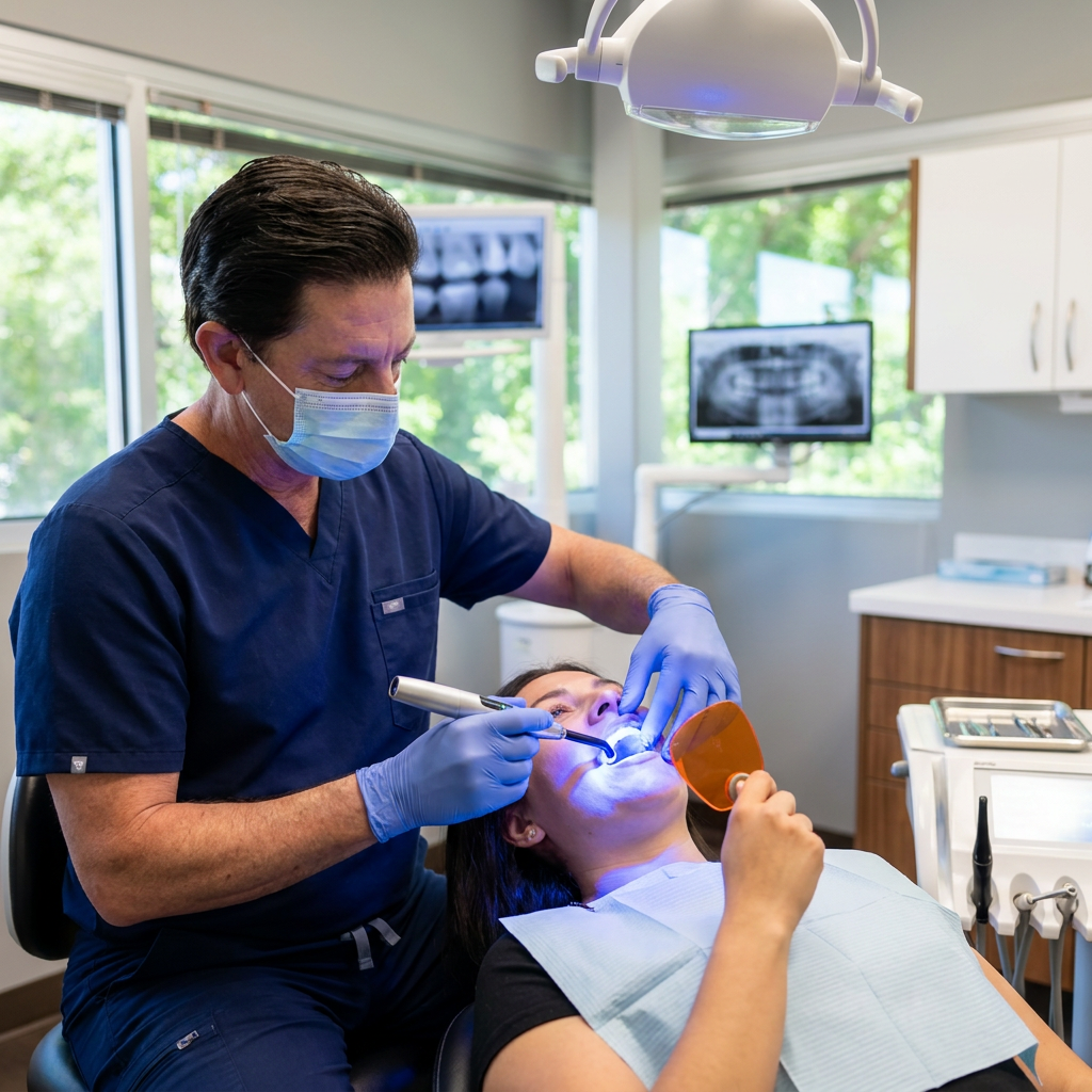 A Parkway Dental dentist uses a blue LED curing light to harden bonding resin on a patient in Albuquerque, NM.