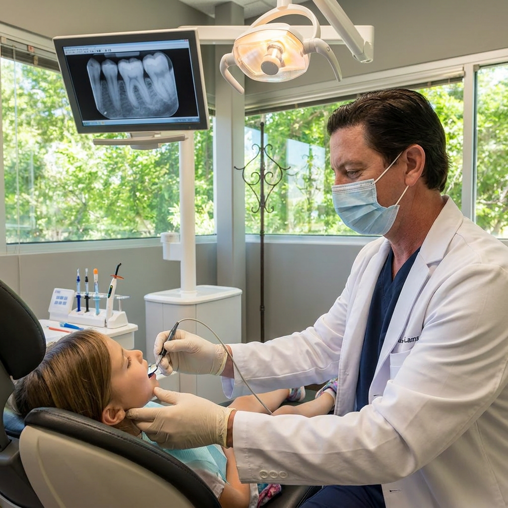 A Parkway Dental dentist in Albuquerque places a digital X-ray sensor for a child to evaluate teeth for sealants.