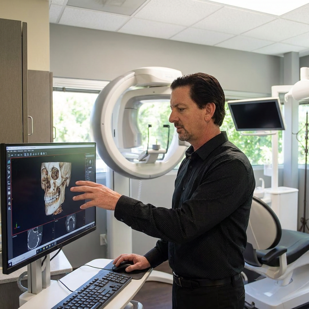 A Parkway Dental dentist in Albuquerque reviews a 3D CBCT jaw scan on a monitor beside a high-tech imaging scanner.