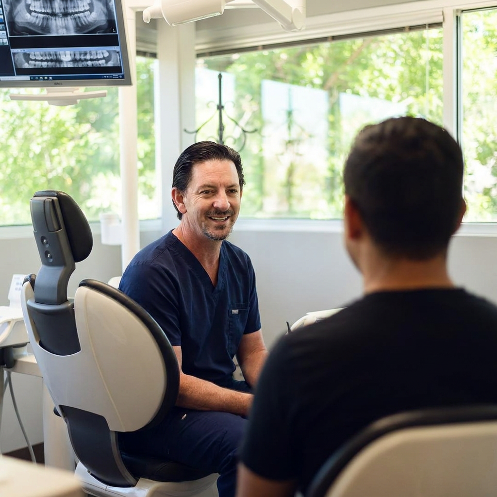 A Parkway Dental dentist discusses oral health during a patient exam in a modern Albuquerque clinic.