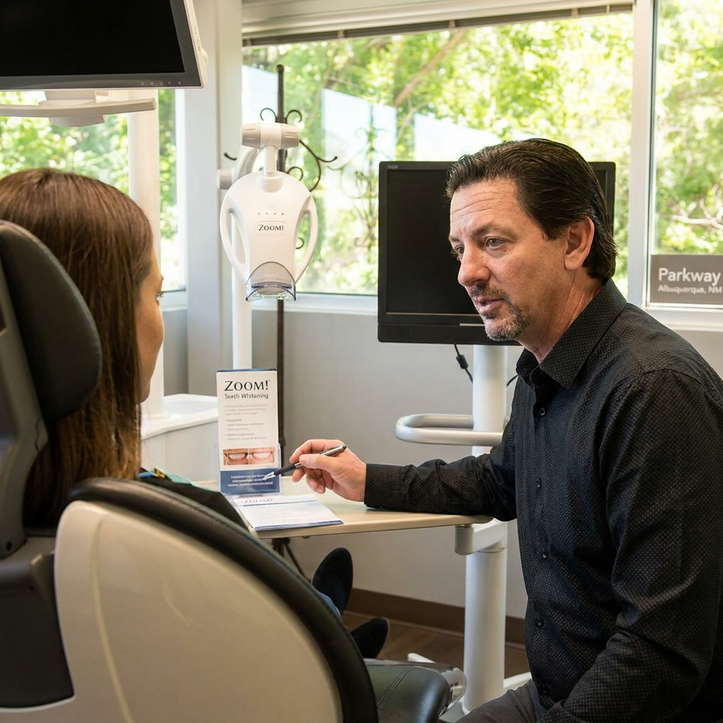 A Parkway Dental dentist discusses Zoom whitening during a patient consultation in a modern Albuquerque clinic.