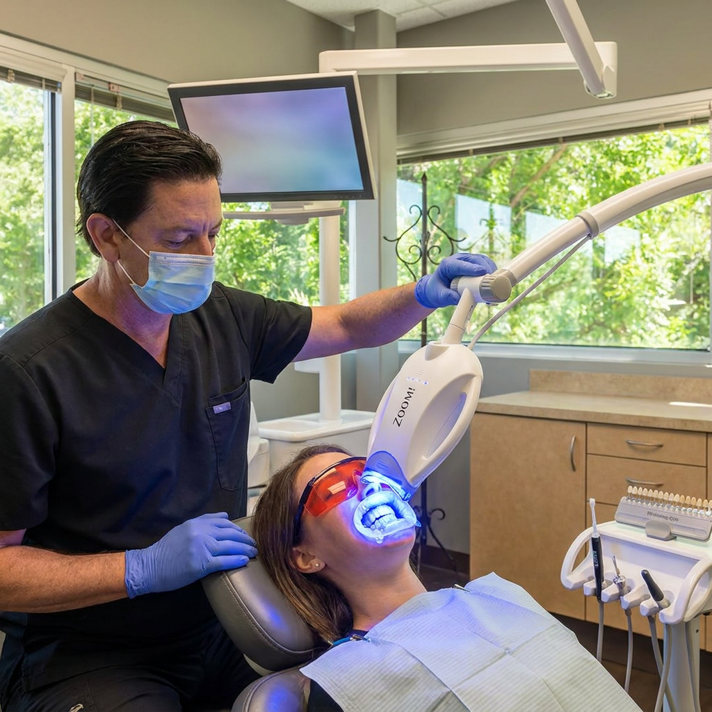 A Parkway Dental dentist uses a blue LED lamp for a Zoom whitening treatment in Albuquerque.