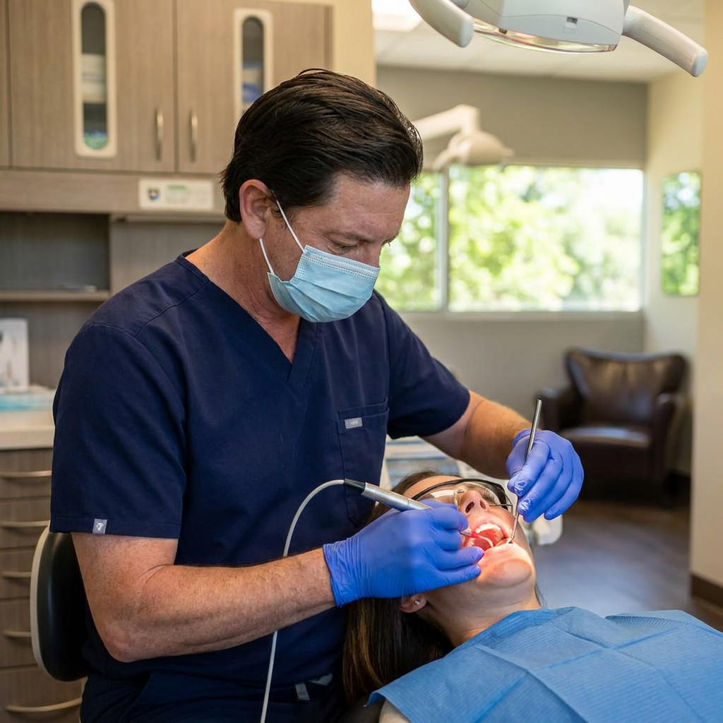A dentist uses a precise soft-tissue laser on a patient's gum line at Parkway Dental in Albuquerque, NM.