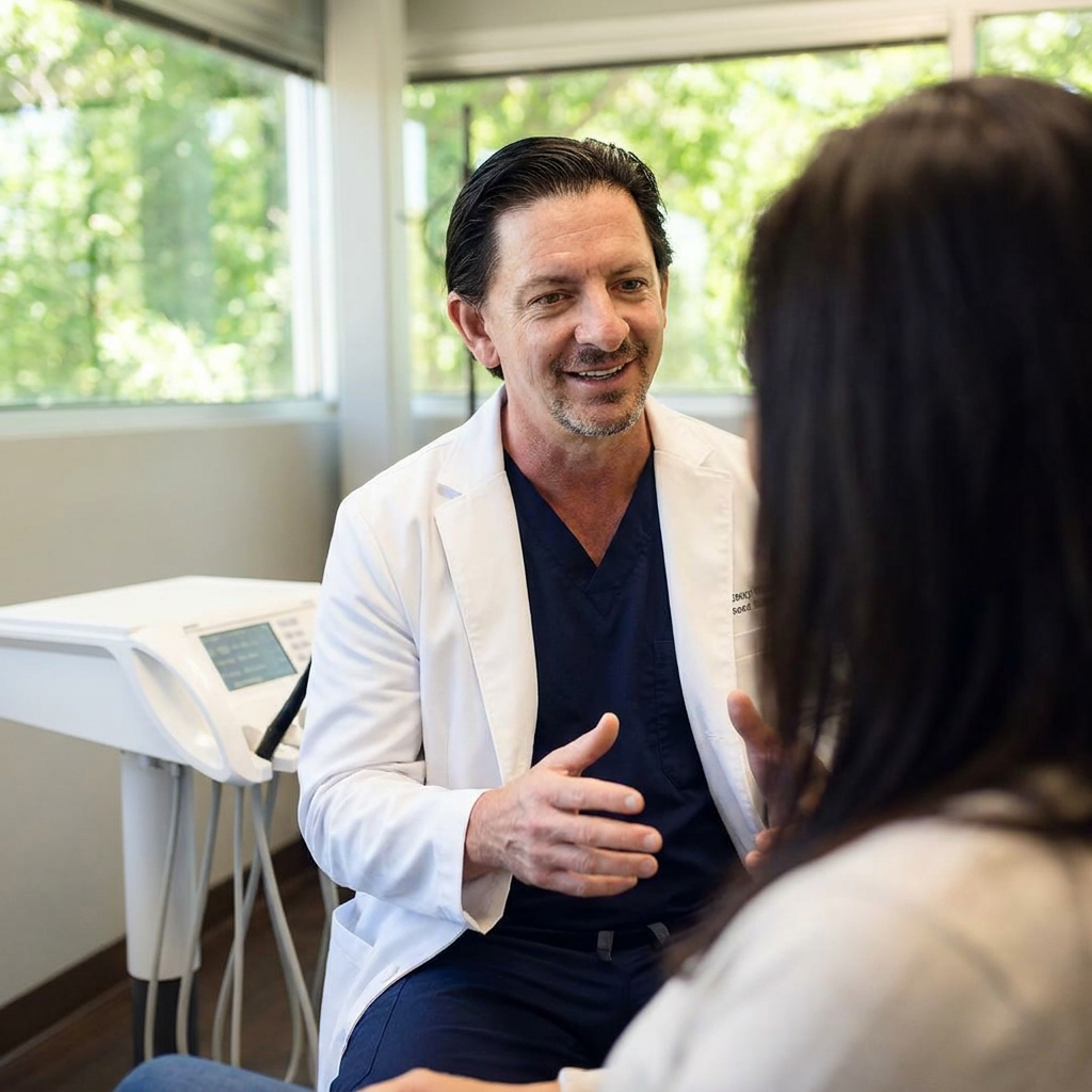 A Parkway Dental dentist discusses laser dentistry options with a patient in an Albuquerque clinic consultation.