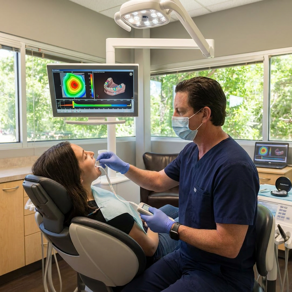 A Parkway Dental Albuquerque dentist uses a T-Scan sensor to map a patient’s bite force on a digital chairside monitor.